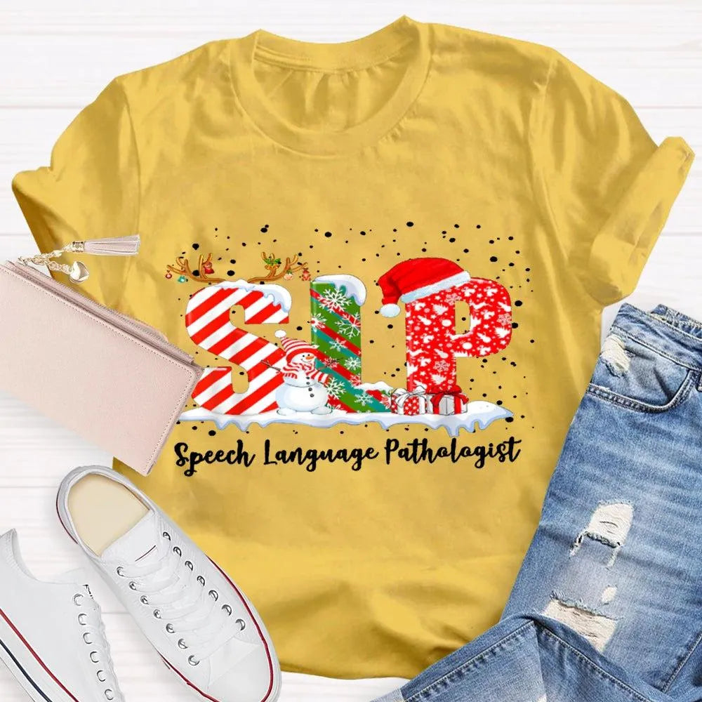 Speech Language Pathologist Tee, SLP Snowman Christmas Shirt, Holiday Speech Therapist T-Shirt, Winter SLP Graphic Tee, Speec