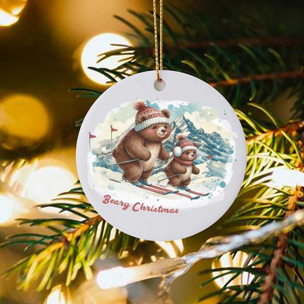 Parent and Baby Bear Tree Ornament, Beary Christmas Skiing Bear Ornament, Adorable Winter Animal Ceramic Ornament, Family Hol