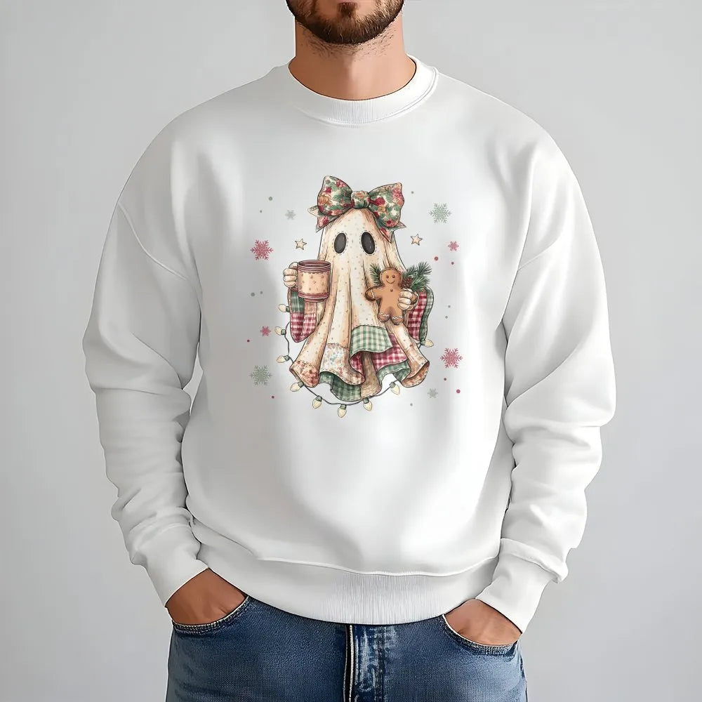 Comfy Ghost Drinking Coffee Crewneck, Christmas Ghost Sweatshirt, Gingerbread Plaid Ghost Pullover, Spooky Holiday Sweater, X