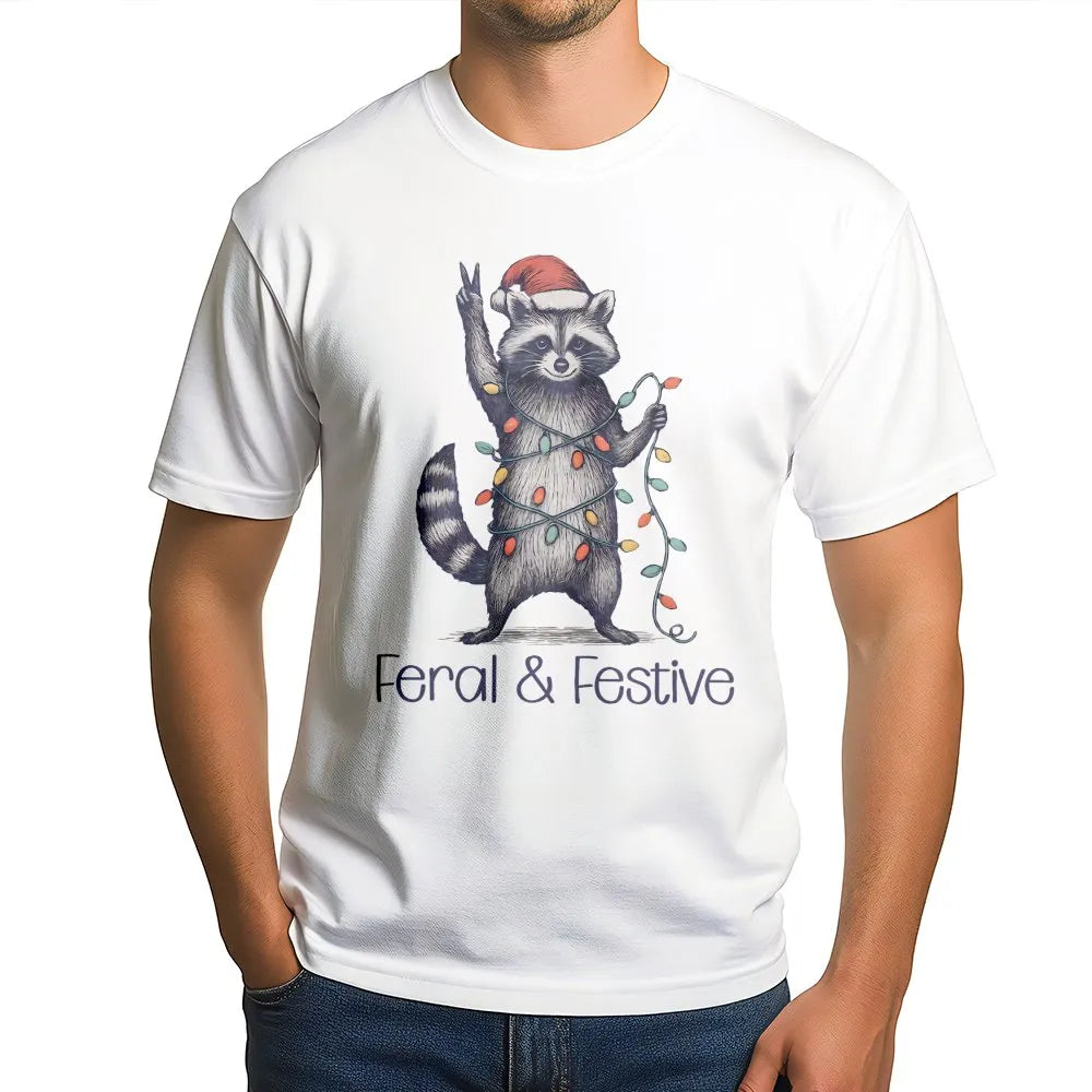 Humorous Trash Panda Xmas Shirt, Feral and Festive Raccoon Christmas T-Shirt, Retro Holiday Animal Graphic Tee, Adorable Racc
