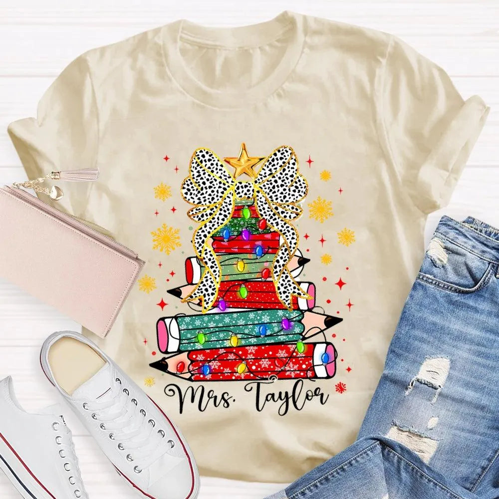 Custom Name Pencil Snowflake Tee, Personalized Teacher Christmas Tree Shirt, Holiday Teacher T-Shirt, Christmas Teacher Prese