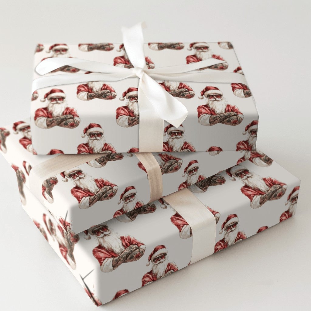 Tattooed Santa Christmas Wrapping Paper, Cool Sunglasses Santa Wrapping Paper, Edgy Holiday Gift Wrap, Fun Xmas Gift Wrapping