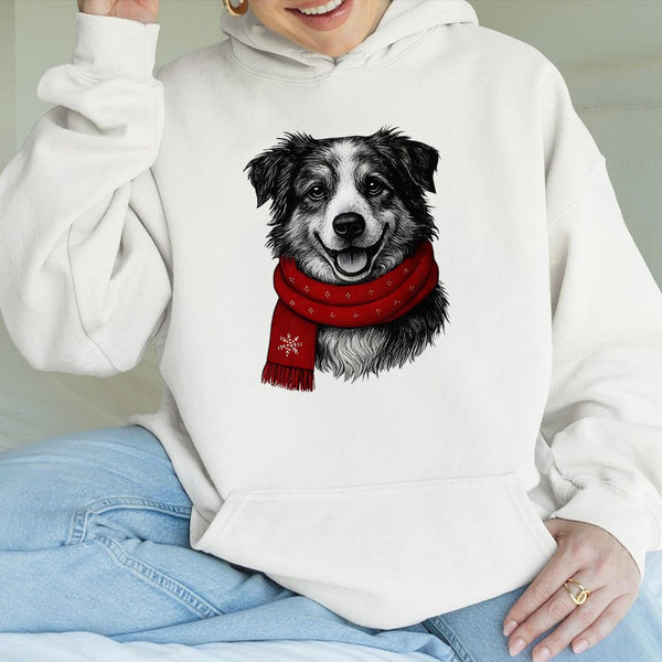 Adorable Puppy Red Scarf Hoodie, Christmas Dog Hoodie, Festive Holiday Dog Lover Hoodie, Comfy Pet Animal Sweatshirt, Adorabl