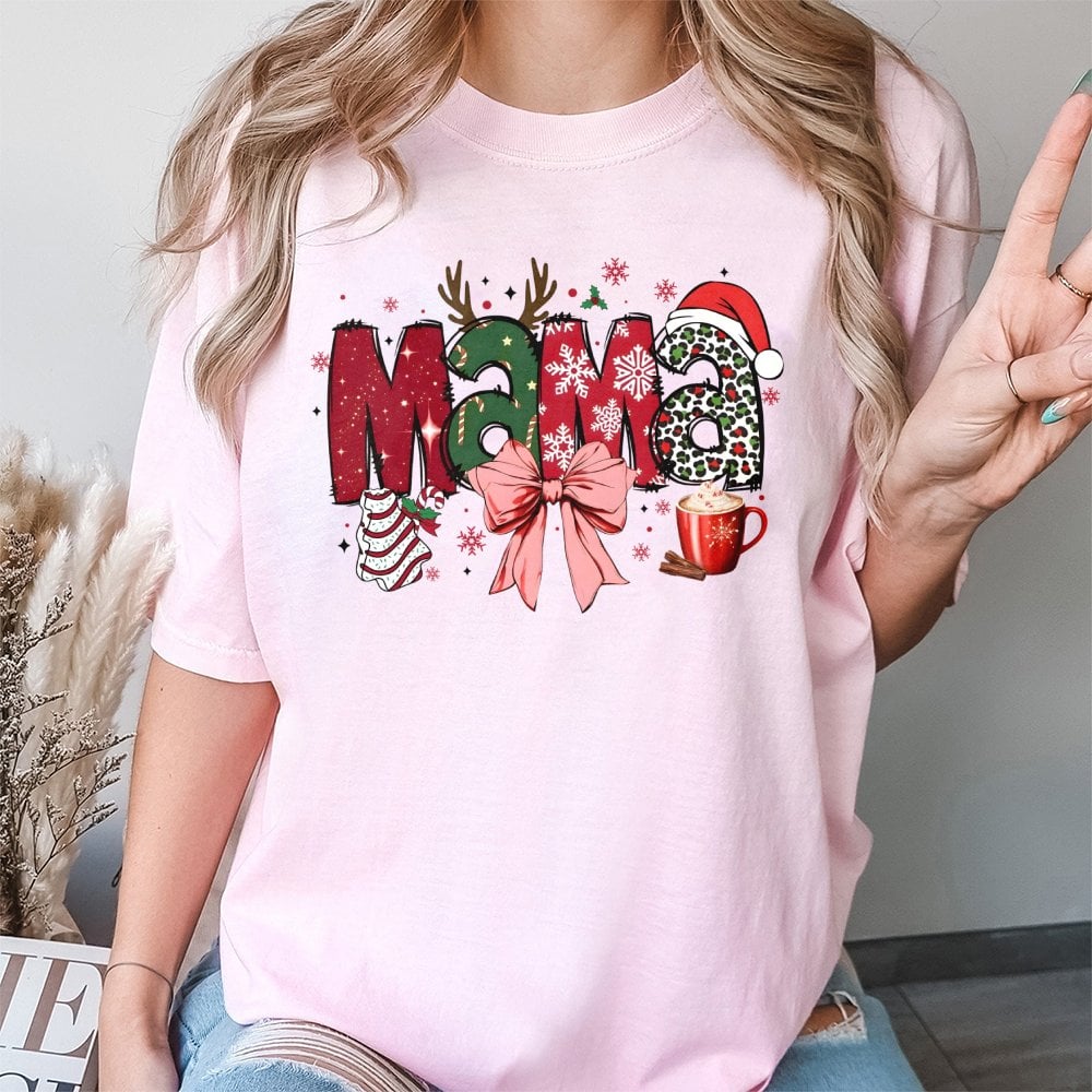 Festive Leopard Print Mama Shirt, Christmas Mama T-Shirt, Adorable Mom Graphic Tee, Retro Holiday Mama T-Shirt, Christmas Pre