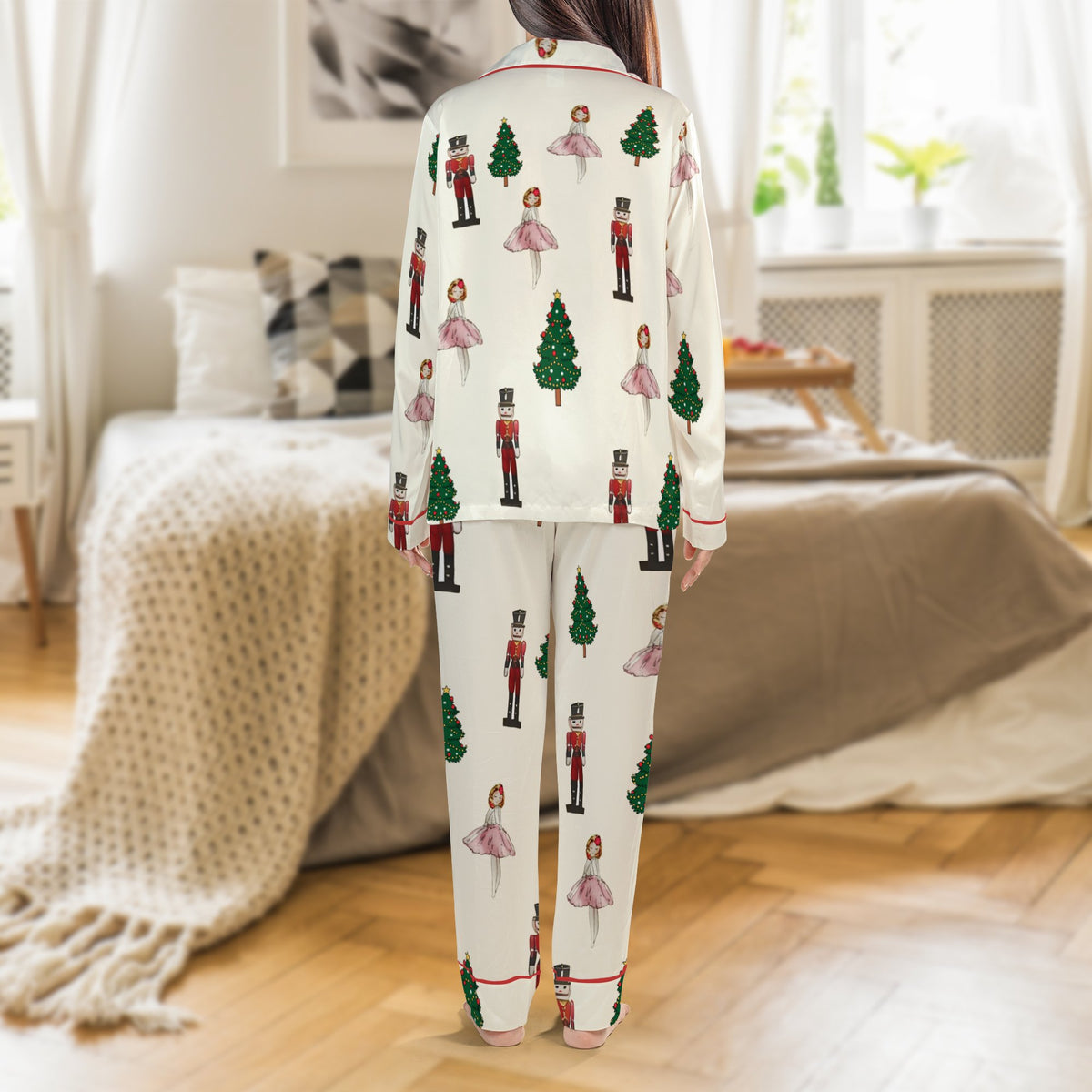 Ballet Dancer Satin Pajamas, Nutcracker Christmas Pajama Set, Festive Holiday Pajamas, Long Sleeve Sleepwear Set, Women Loung