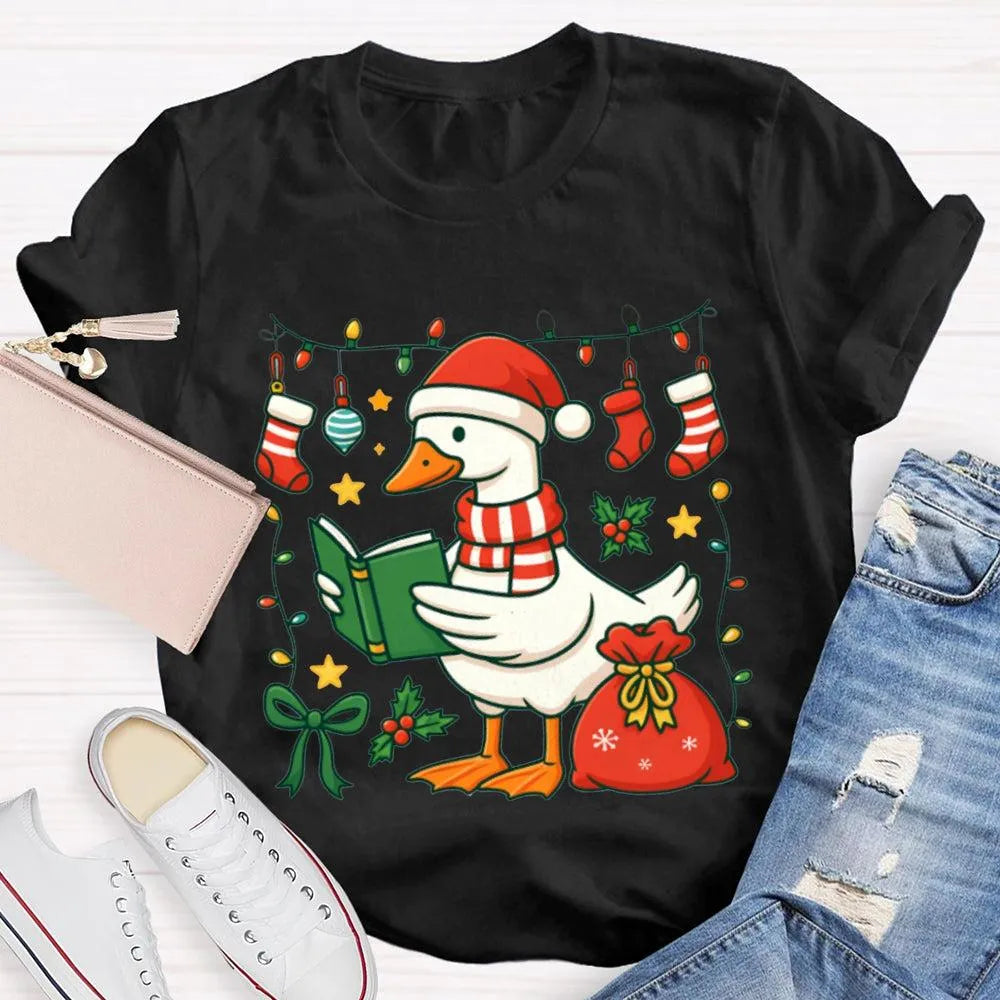 Humorous Holiday Bookworm Goose Shirt, Christmas Goose Reading Book T-Shirt, Adorable Winter Reading Tee, Book Lover Christma