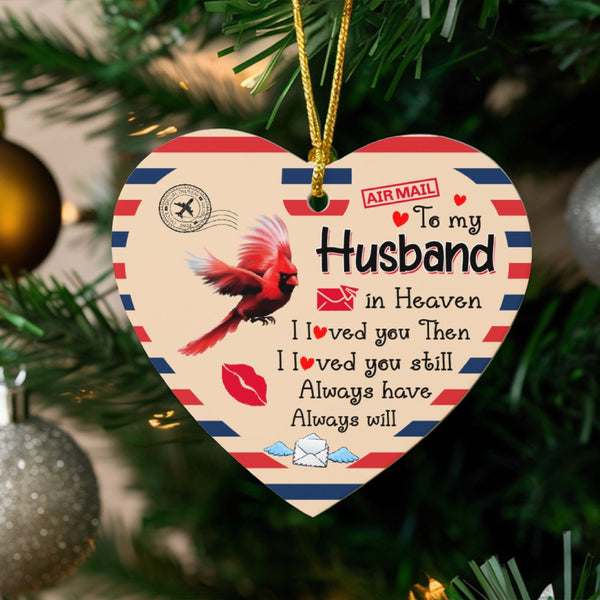 Red Cardinal Memorial Ornament, Husband in Heaven Heart Ornament, Airmail Sympathy Ornament, Ceramic Christmas Tree Keepsake,