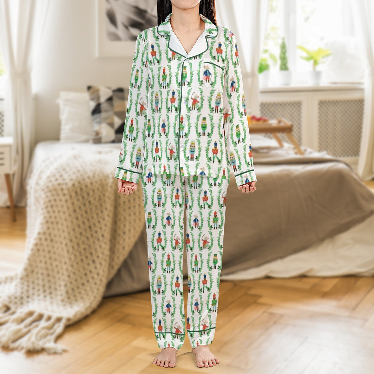 Festive Christmas Pajamas, Nutcracker Satin Pajama Set, Holiday Long Sleeve Sleepwear, Silky Button Up Loungewear