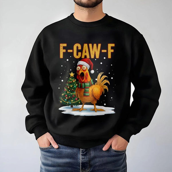 F-Caw-F Pun Christmas Sweatshirt, Humorous Chicken Christmas Sweatshirt, Adorable Chicken Holiday Crewneck, Ugly Xmas Sweater
