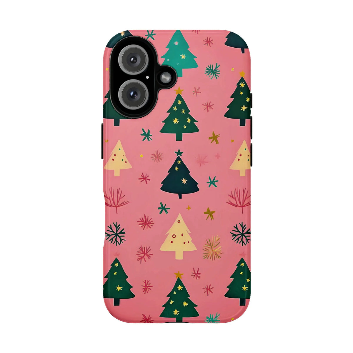 Whimsical Holiday Snowflake Pattern Case, Pink Christmas Tree Phone Case for iPhone, Girly Xmas Tough Phone Cover, Festive Pr