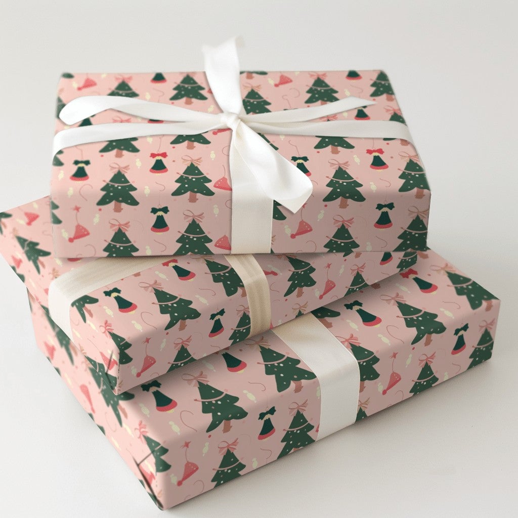 Whimsical Holiday Gift Wrap, Pink Christmas Tree Wrapping Paper, Santa Hat and Bells Xmas Wrapping Paper, Adorable Festive Gi