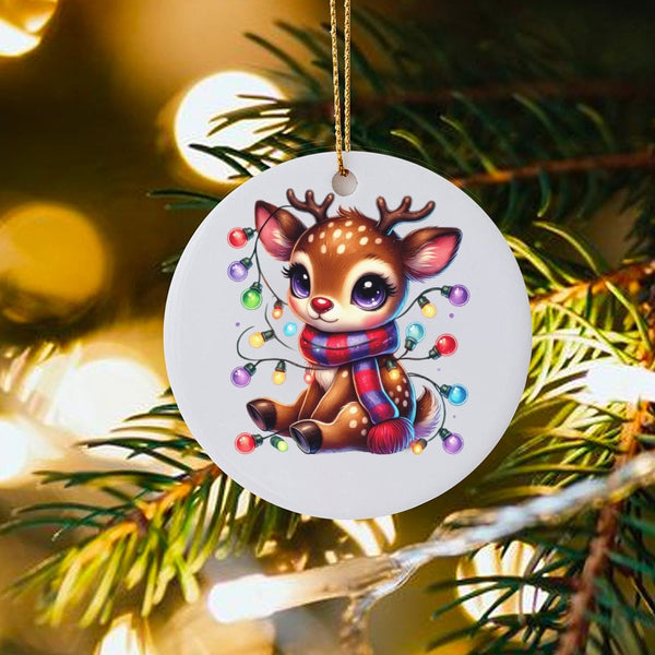 Adorable Deer with Christmas Lights Ornament, Kawaii Baby Reindeer Ceramic Ornament, Festive Holiday Tree Ornament, Winter Xm