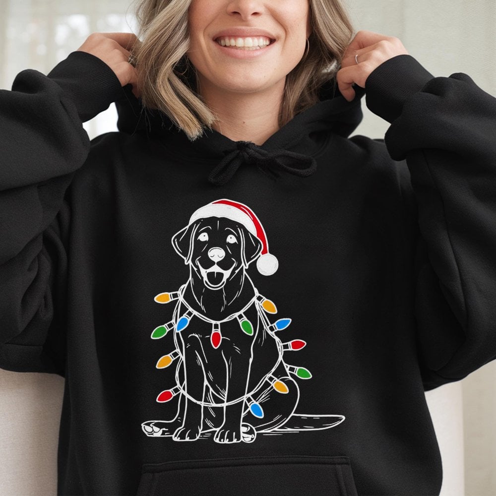 Santa Hat Lab Dog Sweatshirt, Labrador Christmas Hoodie, Adorable Xmas Dog Graphic Hoodie, Festive Holiday Pullover Hoodie, D
