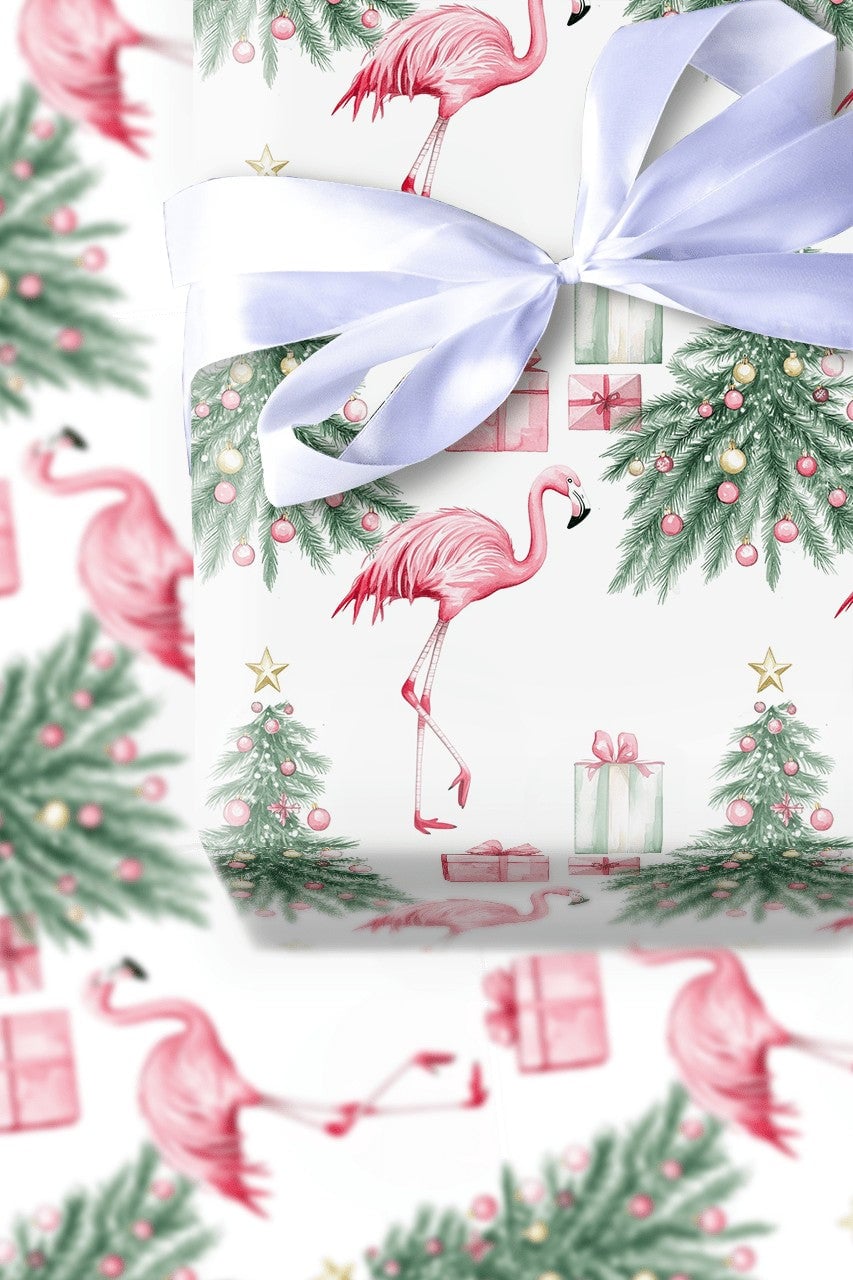 Tropical Holiday Gift Wrap, Pink Flamingo Christmas Wrapping Paper, Watercolor Flamingo Tree Wrapping Paper, Whimsical Christ