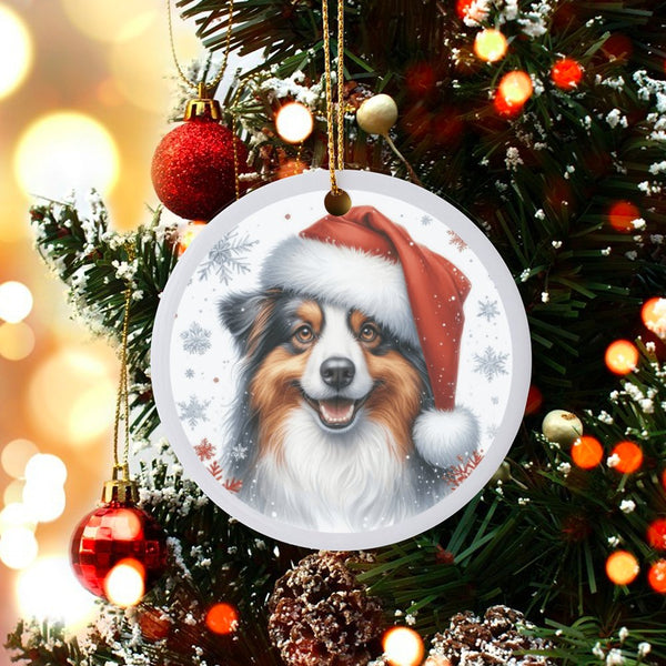 Santa Hat Aussie Dog Ornament, Australian Shepherd Christmas Ornament, Ceramic Australian Shepherd Ornament, Holiday Present 