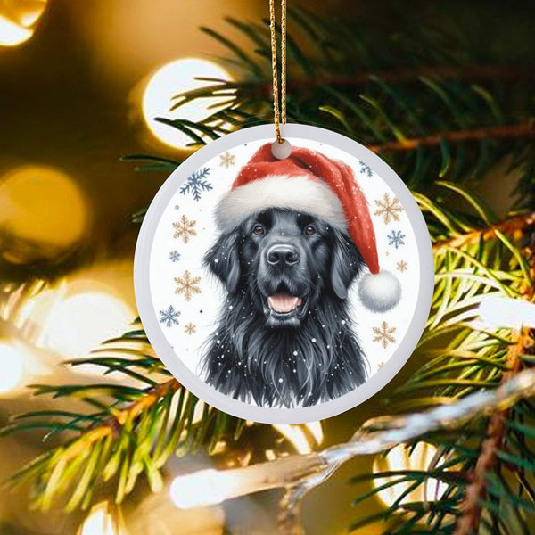 Santa Hat Snowflakes Ceramic Ornament, Newfoundland Dog Christmas Ornament, Winter Pet Tree Decor, Dog Lover Xmas Keepsake Or