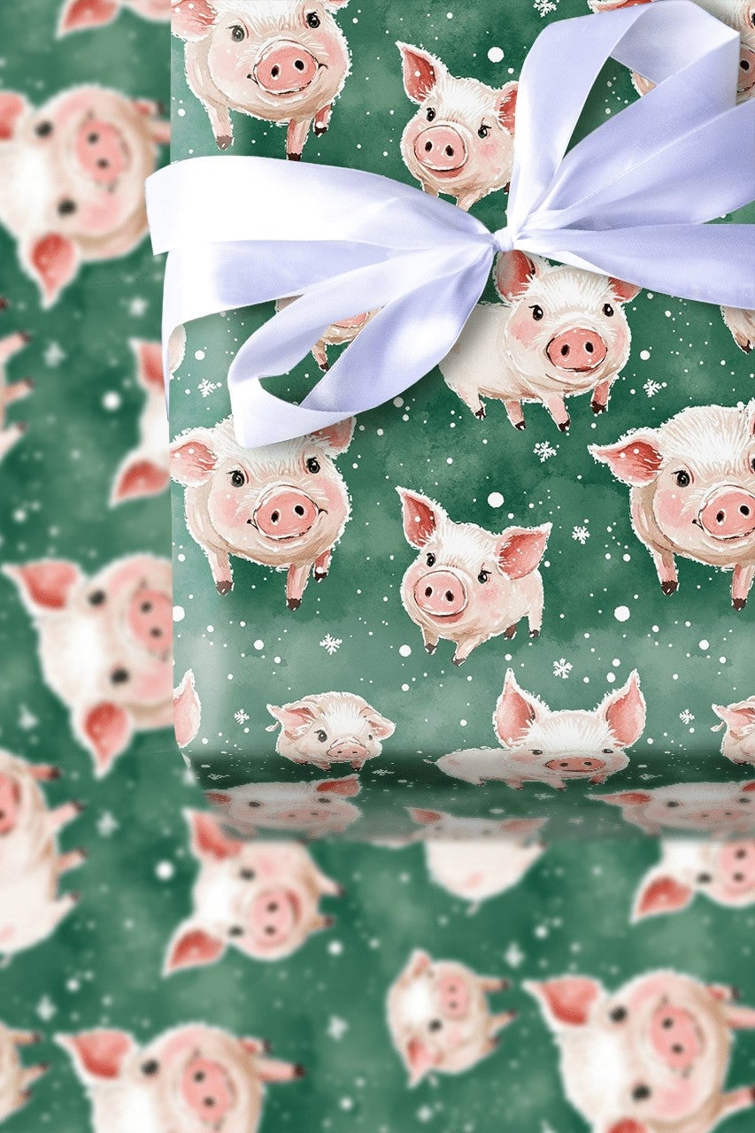 Adorable Watercolor Piglet Gift Wrap, Winter Pig Christmas Wrapping Paper, Dark Green Animal Wrapping Paper, Whimsical Holida