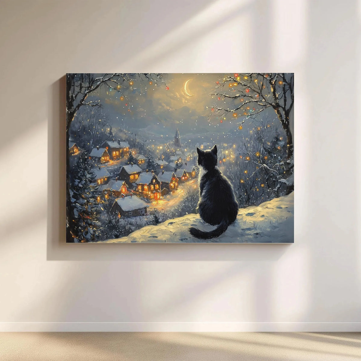 Snowy Christmas Night Art Poster, Black Cat Winter Village Canvas Wall Art, Comfy Holiday Wall Decor Print, Cat Lover Digital