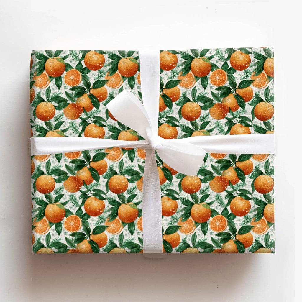 Pine Needle Clementine Gift Wrap, Winter Orange Wrapping Paper, Botanical Citrus Holiday Wrapping Paper, Festive Christmas Wr