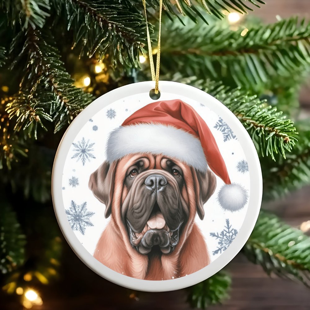 Santa Hat Puppy Ceramic Ornament, Mastiff Dog Christmas Ornament, Adorable Dog Breed Holiday Tree Ornament, Festive Xmas Pres