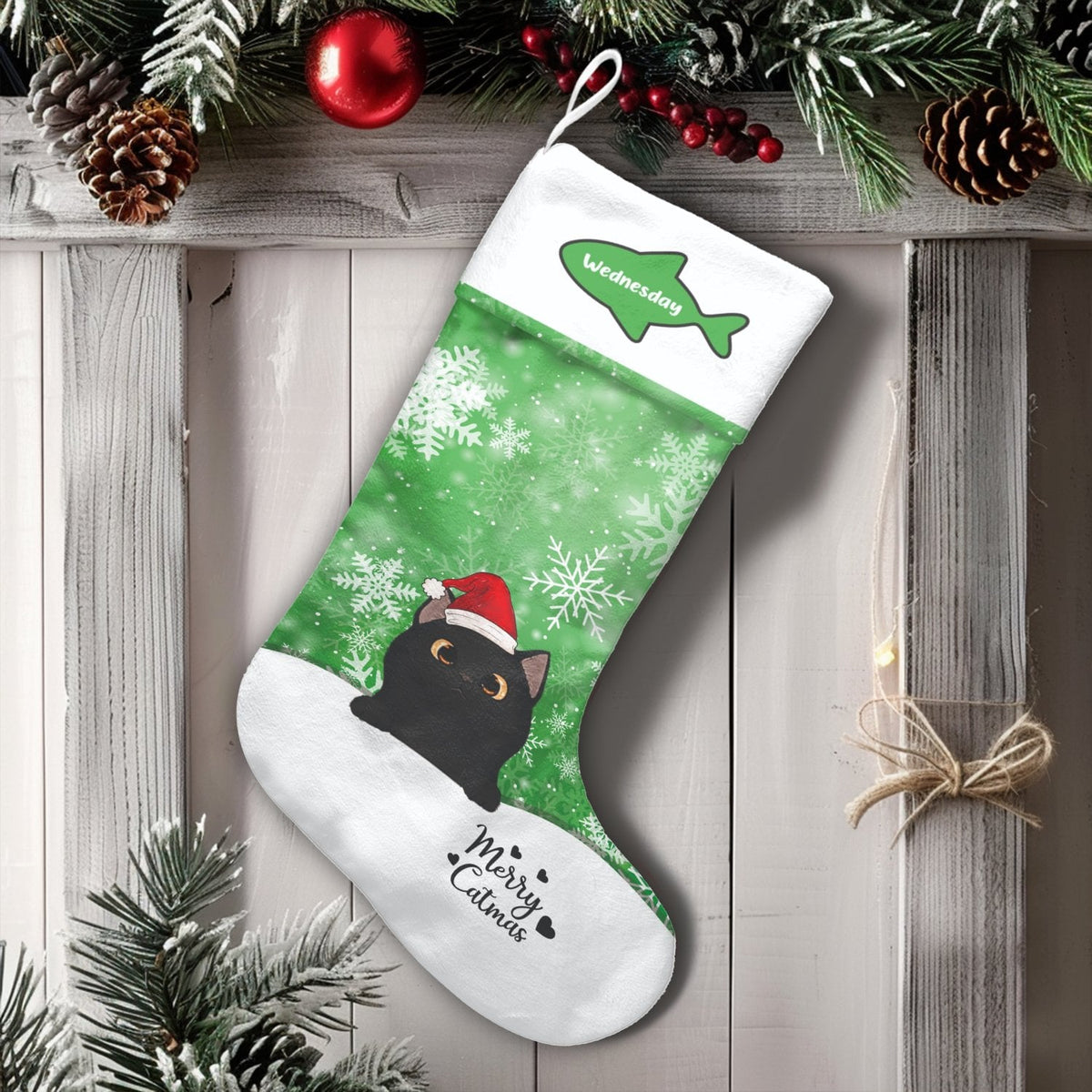 Merry Catmas Holiday Stocking, Personalized Black Cat Christmas Stocking, Custom Pet Name Christmas Stocking, Adorable Kitty 