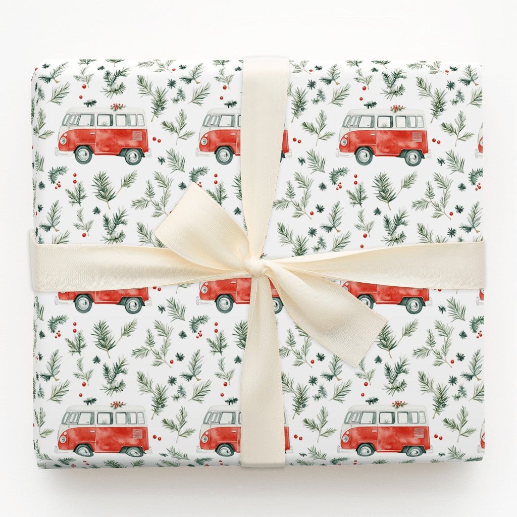 Retro Camper Van Gift Wrap, Vintage Red Camper Wrapping Paper, Christmas Camper Holiday Paper Roll, Winter Greenery Gift Wrap