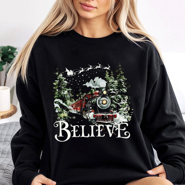 Vintage Holiday Train Pullover, Believe Christmas Train Sweatshirt, Christmas Movie Graphic Crewneck, Festive Winter Sweatshi