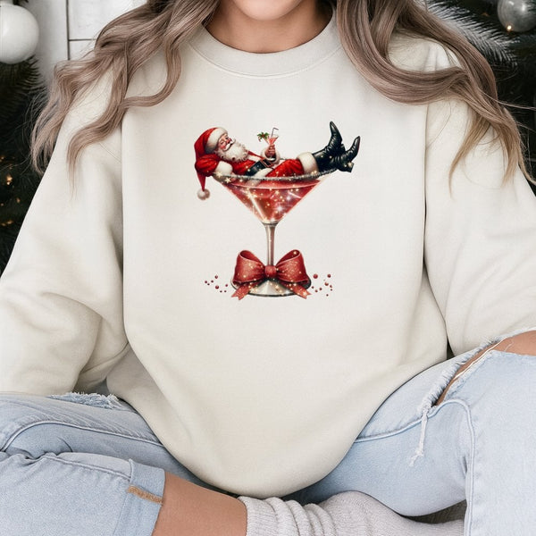 Holiday Cocktail Graphic Crewneck, Christmas Santa Martini Sweatshirt, Humorous Xmas Party Pullover Sweater, Retro Santa Fest