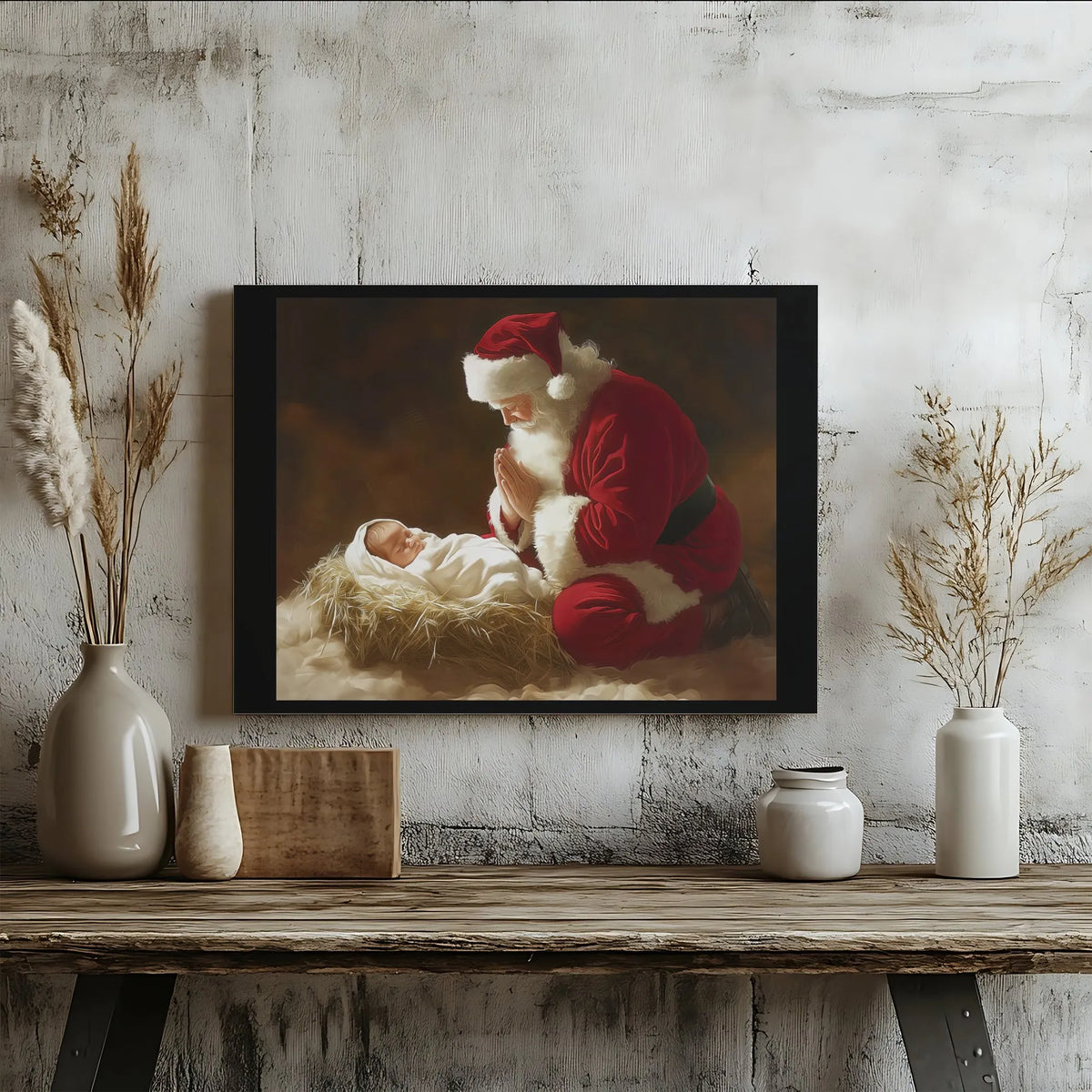 Nativity Scene Wall Art, Santa Kneeling at Manger Canvas, Religious Christmas Canvas Print, Christian Holiday Canvas, Christi