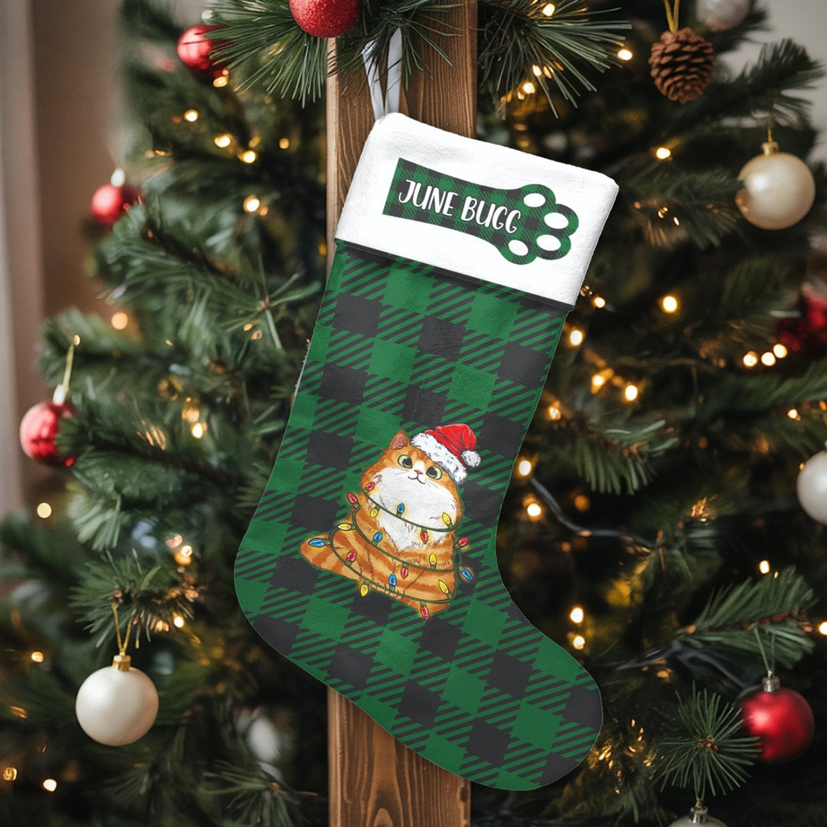 Green Buffalo Plaid Santa Cat Stocking, Personalized Cat Christmas Stocking, Custom Name Pet Holiday Stocking, Cat Lover Xmas