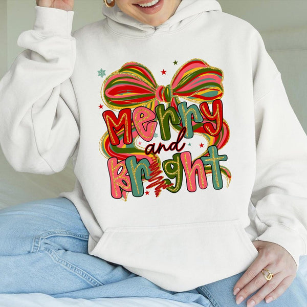 Christmas Bow Graphic Hoodie, Coquette Bow Merry and Bright Hoodie, Girly Pink Winter Aesthetic Sweatshirt, Trendy Holiday Pu