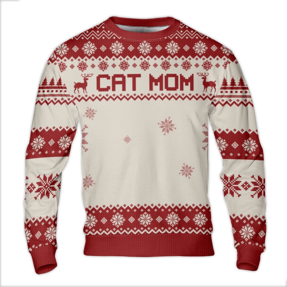 Fair Isle Reindeer Snowflake Holiday Sweater, Cat Mom Ugly Christmas Sweater, Adorable Cat Lover Crewneck, Kitten Pet Mom Xma