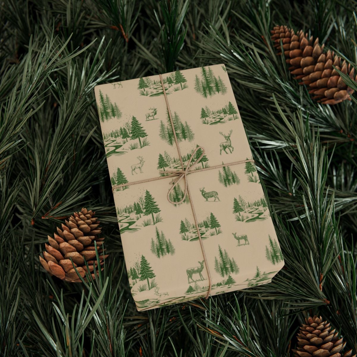 Deer Pine Tree Gift Wrap, Rustic Woodland Wrapping Paper, Forest Animal Christmas Present Paper, Nature Winter Wrapping Paper