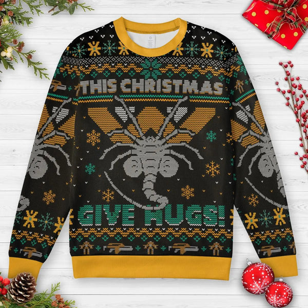 Xenomorph Facehugger Holiday Sweater, Alien Give Hugs Ugly Christmas Sweatshirt, Humorous Sci-Fi Movie Xmas All Over Print Pu