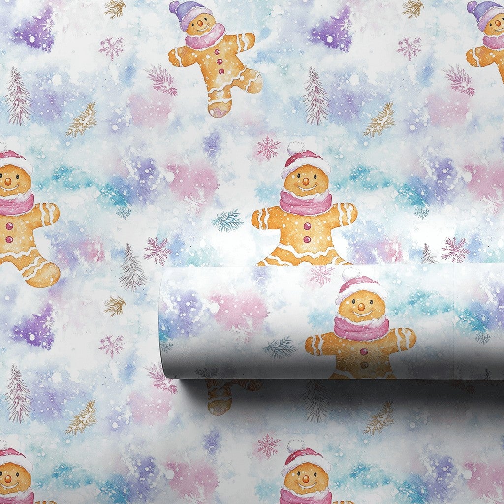 Pastel Winter Holiday Gift Wrap, Watercolor Gingerbread Man Wrapping Paper, Whimsical Christmas Wrapping Paper, Snowy Forest 