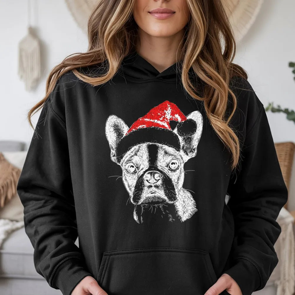 Adorable Dog Christmas Sweatshirt, Boston Terrier Santa Hoodie, Xmas Pet Lover Graphic Hoodie, Winter Holiday Pullover Hoodie