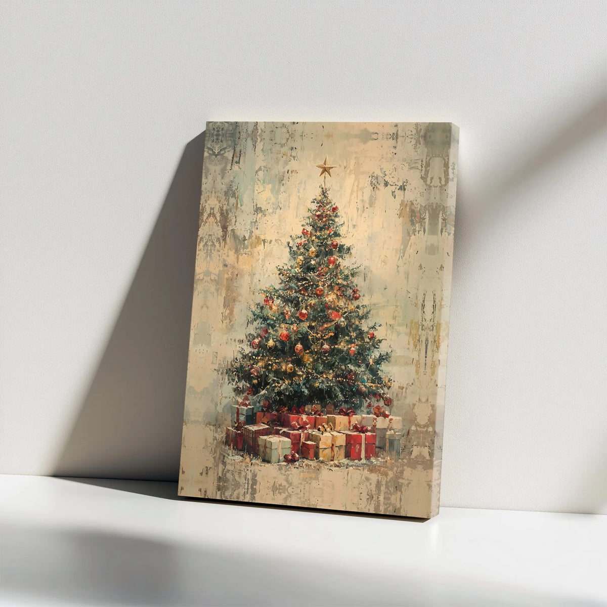 Vintage Tree with Wrapped Presents Print, Rustic Christmas Tree Wall Art, Comfy Holiday Art Poster, Seasonal Digital Download