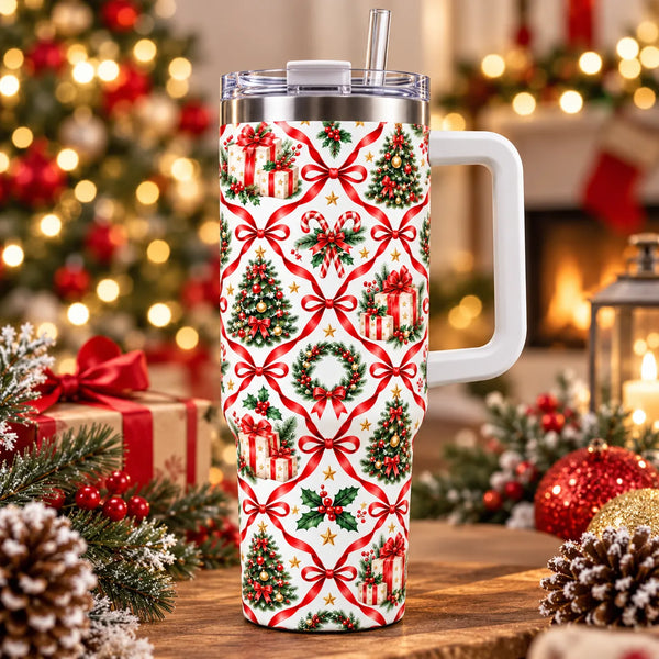 Wreath Candy Cane Holiday Tumbler, Red Bow Ribbon Lattice Christmas Tumbler, 40oz Insulated Christmas Travel Cup, Xmas Presen