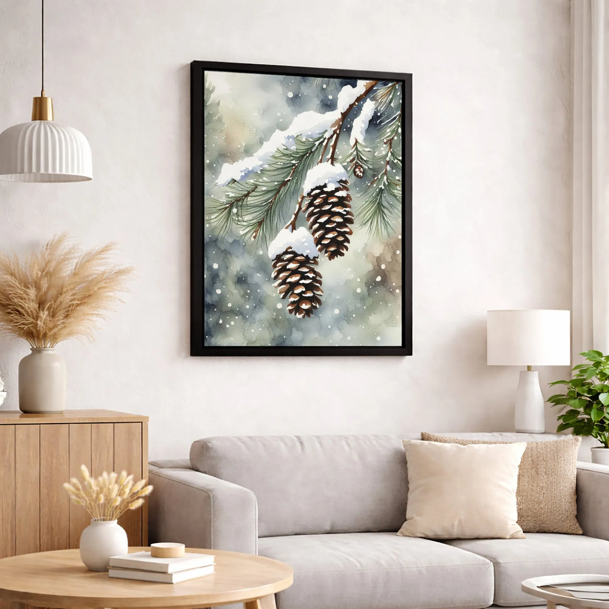 Winter Forest Watercolor Canvas, Snowy Pine Cones Canvas Print, Rustic Pine Cone Canvas Art, Christmas Pinecone Print, Holida