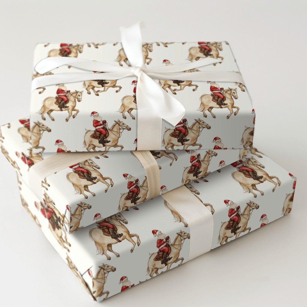 Santa Riding Horse Gift Wrap, Equestrian Christmas Wrapping Paper, Watercolor Holiday Wrapping Paper