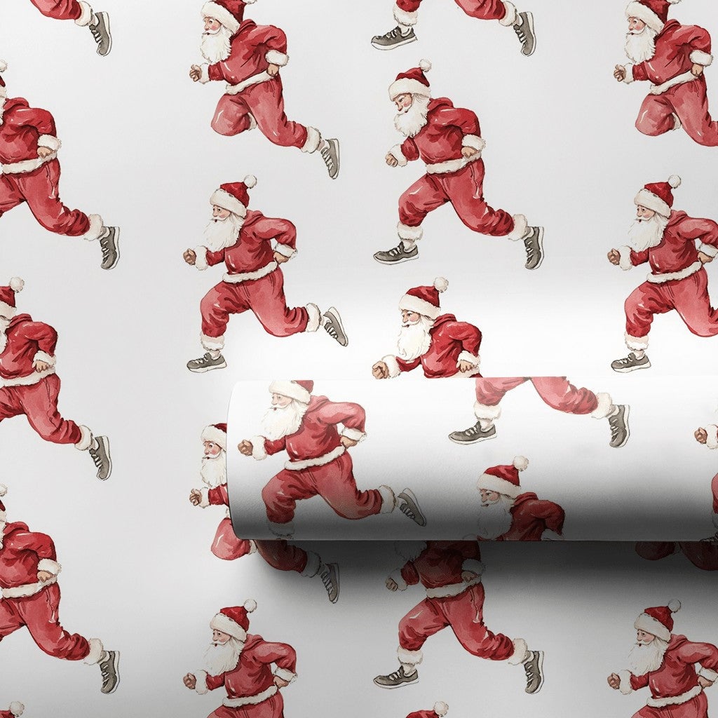 Jogging Claus Gift Wrap, Running Santa Christmas Wrapping Paper, Watercolor Runner Wrapping Paper, Humorous Holiday Fitness W