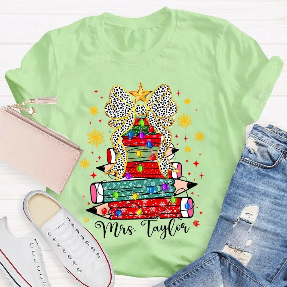 Custom Name Pencil Snowflake Tee, Personalized Teacher Christmas Tree Shirt, Holiday Teacher T-Shirt, Christmas Teacher Prese