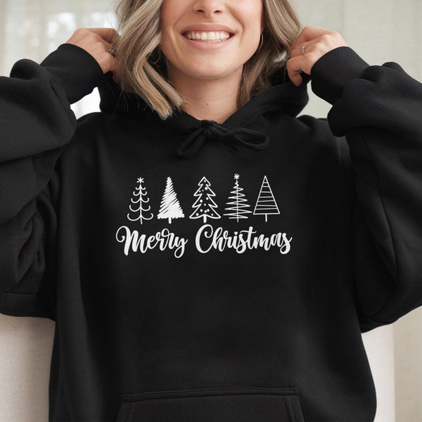 Festive Sketch Line Art Hooded Sweatshirt, Minimalist Christmas Tree Hoodie, Merry Christmas Comfy Pullover, Adorable Holiday