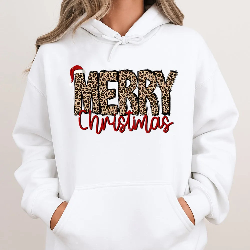 Festive Santa Hat Holiday Hoodie, Merry Christmas Leopard Print Hoodie, Adorable Animal Print Hooded Sweatshirt, Comfy Winter