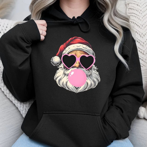 Cool Santa Hoodie, Bubble Gum Santa Hoodie, Heart Sunglasses Santa Pullover, Retro Christmas Hoodie, Humorous Holiday Hooded 