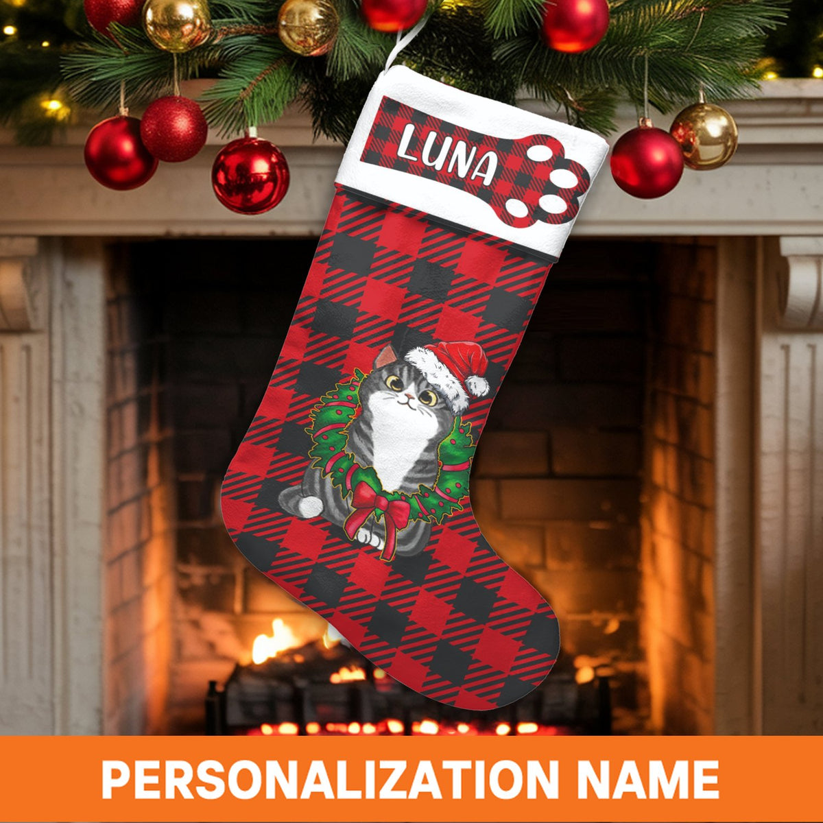 Grey Tabby Kitten Holiday Stocking, Personalized Cat Christmas Stocking, Santa Hat Wreath Pet Stocking, Custom Cat Lover Chri