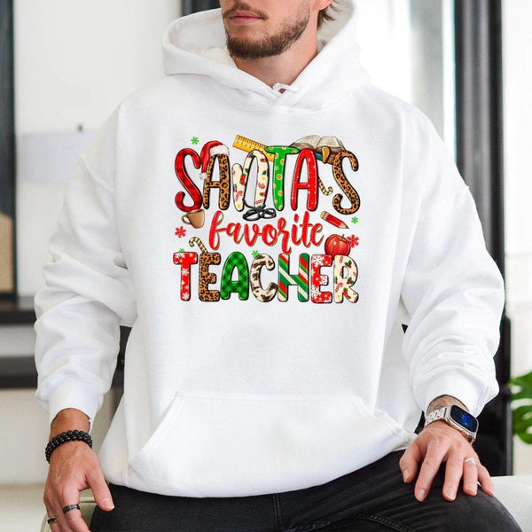 Leopard Plaid Teacher Christmas Hoodie, Santa's Favorite Teacher Hoodie, Festive Educator Holiday Hoodie, Winter School Staff