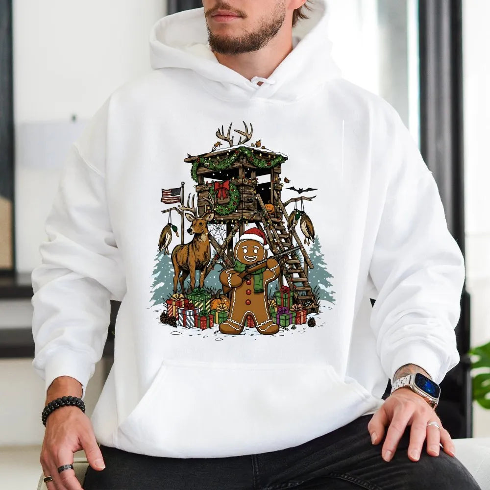 Christmas Deer Hunter Hoodie, Humorous Gingerbread Man Hunting Hoodie, Holiday Hunting Scene Hoodie, Adorable Xmas Outdoor Sw