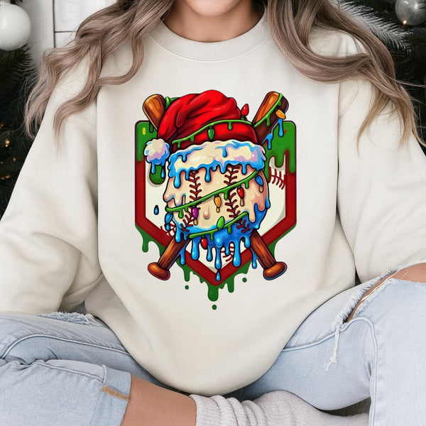 Drip Santa Hat Graphic Sweater, Christmas Baseball Sweatshirt, Holiday Baseball Player Crewneck, Festive Sports Fan Xmas Pull