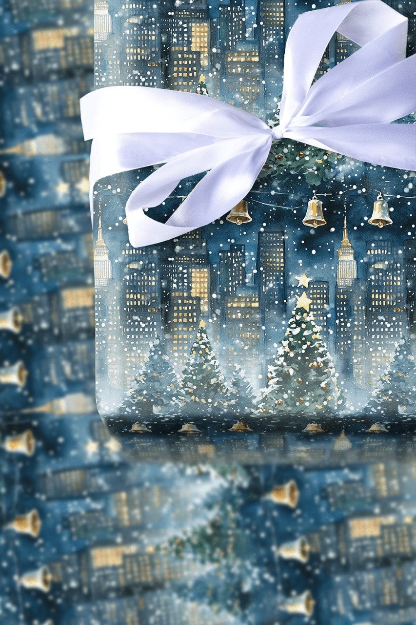 Snowy NYC Skyline Holiday Gift Wrap, New York City Christmas Wrapping Paper, Watercolor Cityscape Present Paper, Winter City 